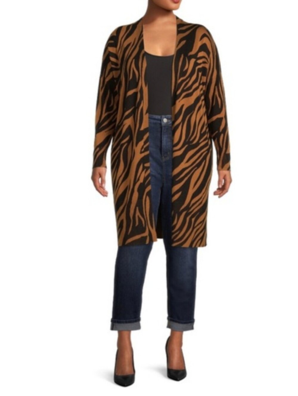 Terra & Sky Womens Plus Size 1X Zebra Print Open Front Cardigan Duster Sweater